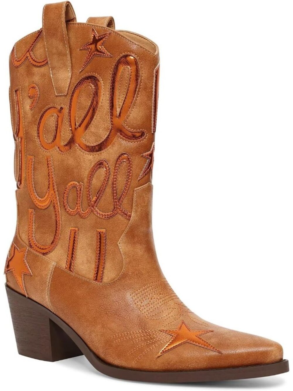 Women's Brown Cowgirl Boot Mid Calf Pointed Toe Low Chunky Heel Metallic Pull On